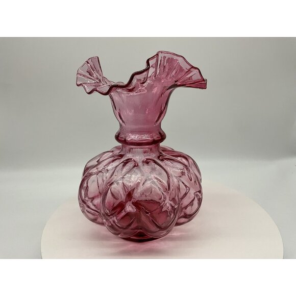 FENTON Cranberry Melon Vase Art Glass Optic Coin Dot Vase Ruffled Edge 8" Tall - Picture 7 of 16
